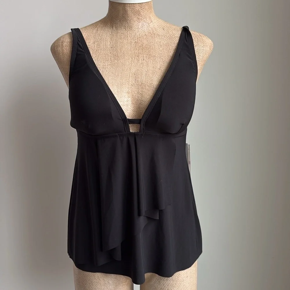 Beyond Control Front-Cascade Tankini Top Black Size 6